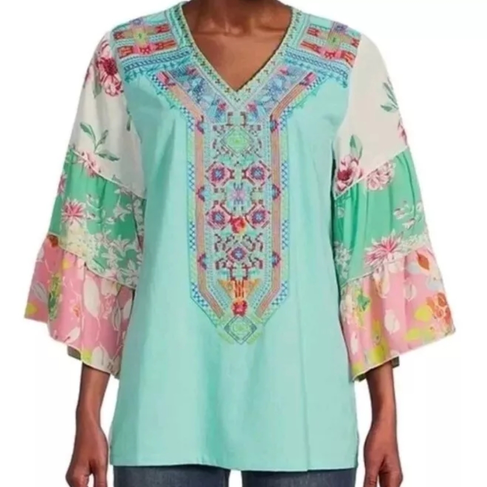 Caleaas Boho Blouse Large Embroidered V-neck Tiered Bell Sleeve Patchwork Fairy